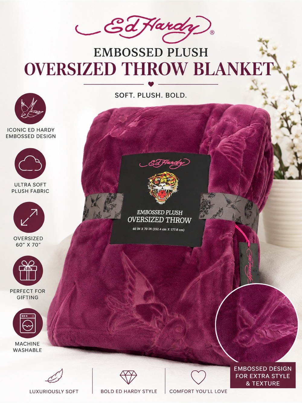 Ed Hardy Embossed Plush Oversized Throw Blanket in Plum Purple 60” x 70” NWT - Picture 1 of 3